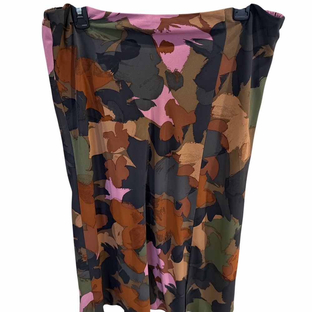 Time and Tru Floral Brushstroke Midi Skirt in Pink, Olive & Brown